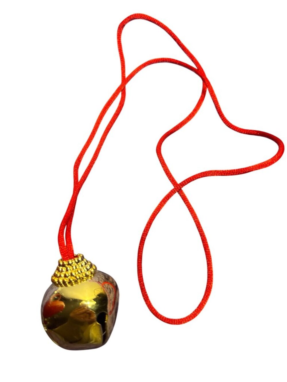 Jingle Bells Necklace Goldtone Red Cord 31 inch